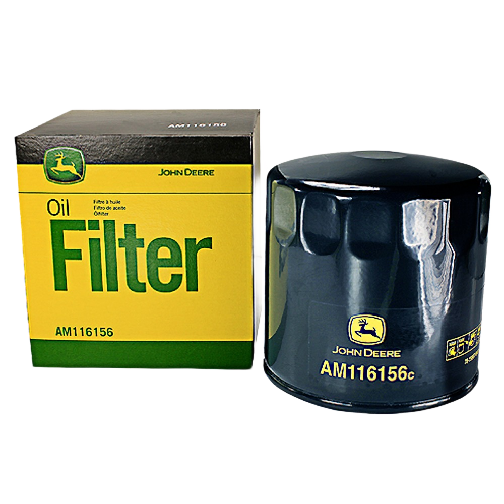 John Deere AM116156 transaxle oil filter with yellow and green box for motor oils and parts collections
