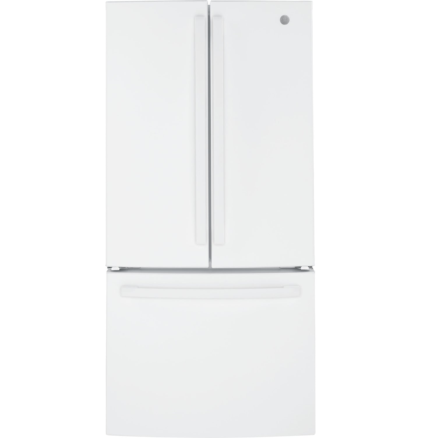 White French-door refrigerator with bottom freezer drawer, part of kitchen appliance and refrigerator collections.