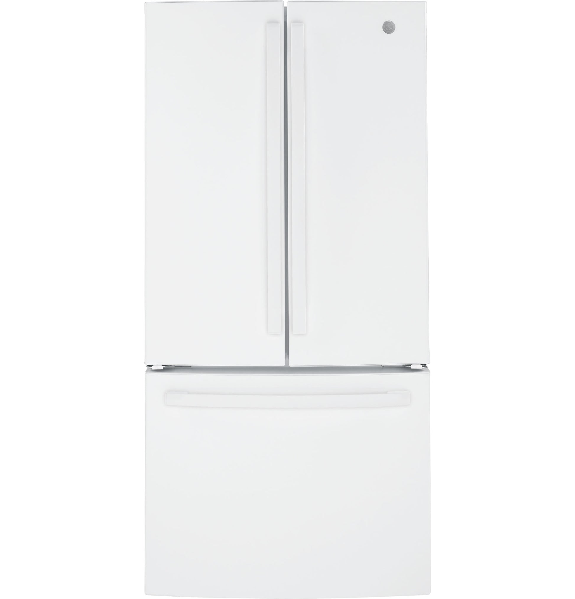 White French-door refrigerator with bottom freezer drawer, part of kitchen appliance and refrigerator collections.