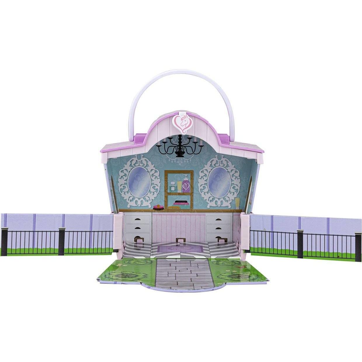 Portable pink and lavender toy grooming salon set with detailed interior and fold-out sides for play