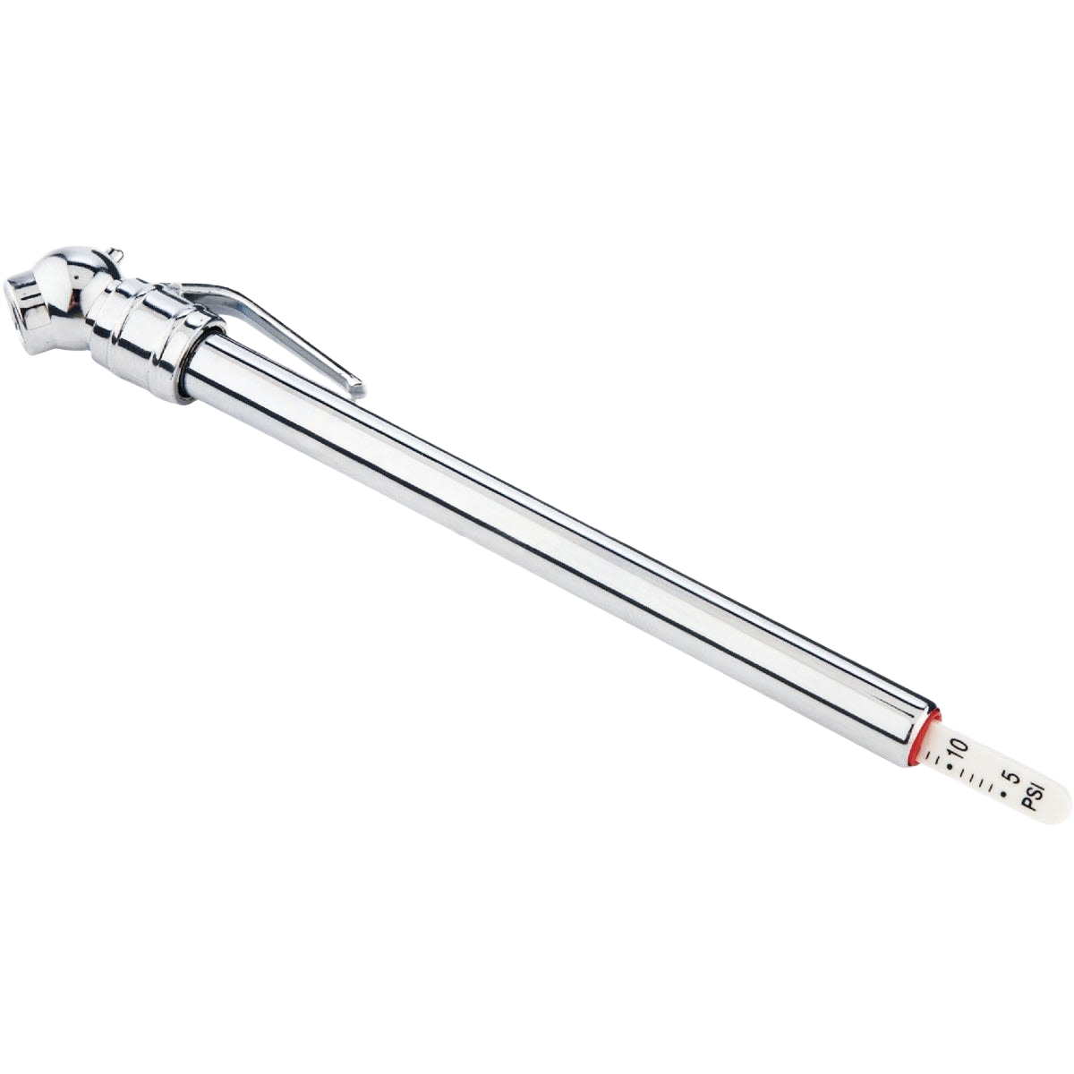 Chrome-plated pencil-style tire gauge with offset head measuring pressure up to 50 PSI in tools and parts collection