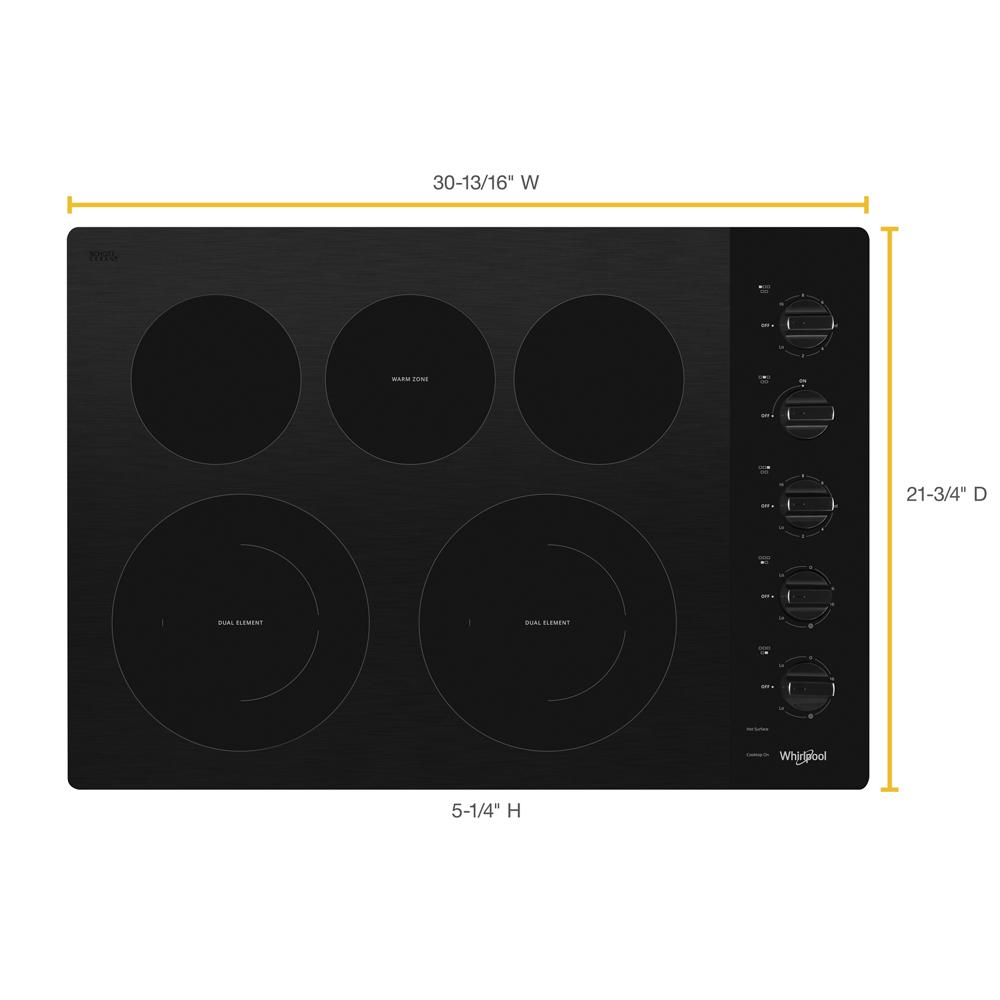 Black 30-inch electric ceramic glass cooktop with five burners and five manual control knobs in kitchen appliances collection