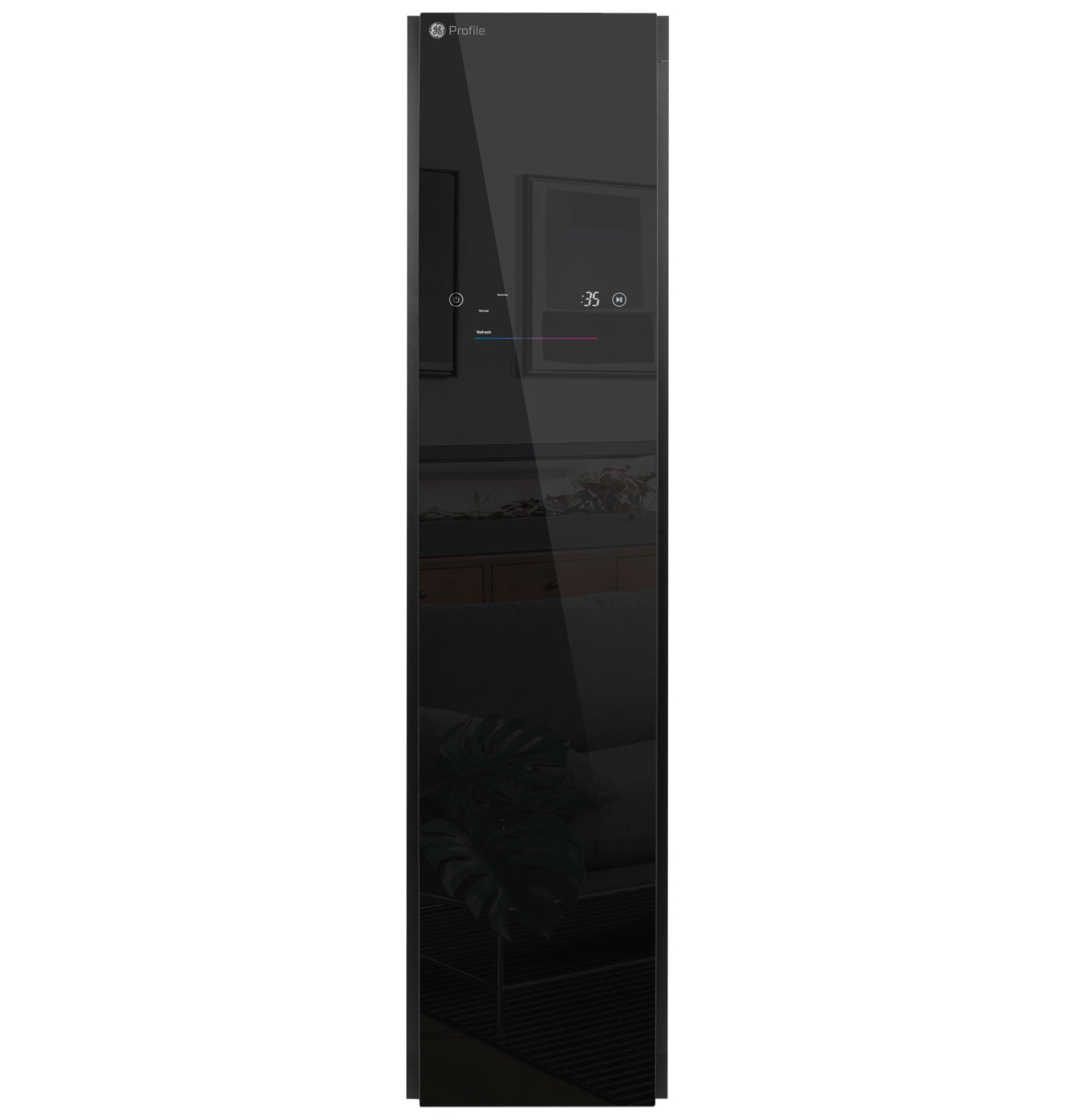 Tall black steam closet with digital controls and sleek reflective door from appliance laundry centers collection