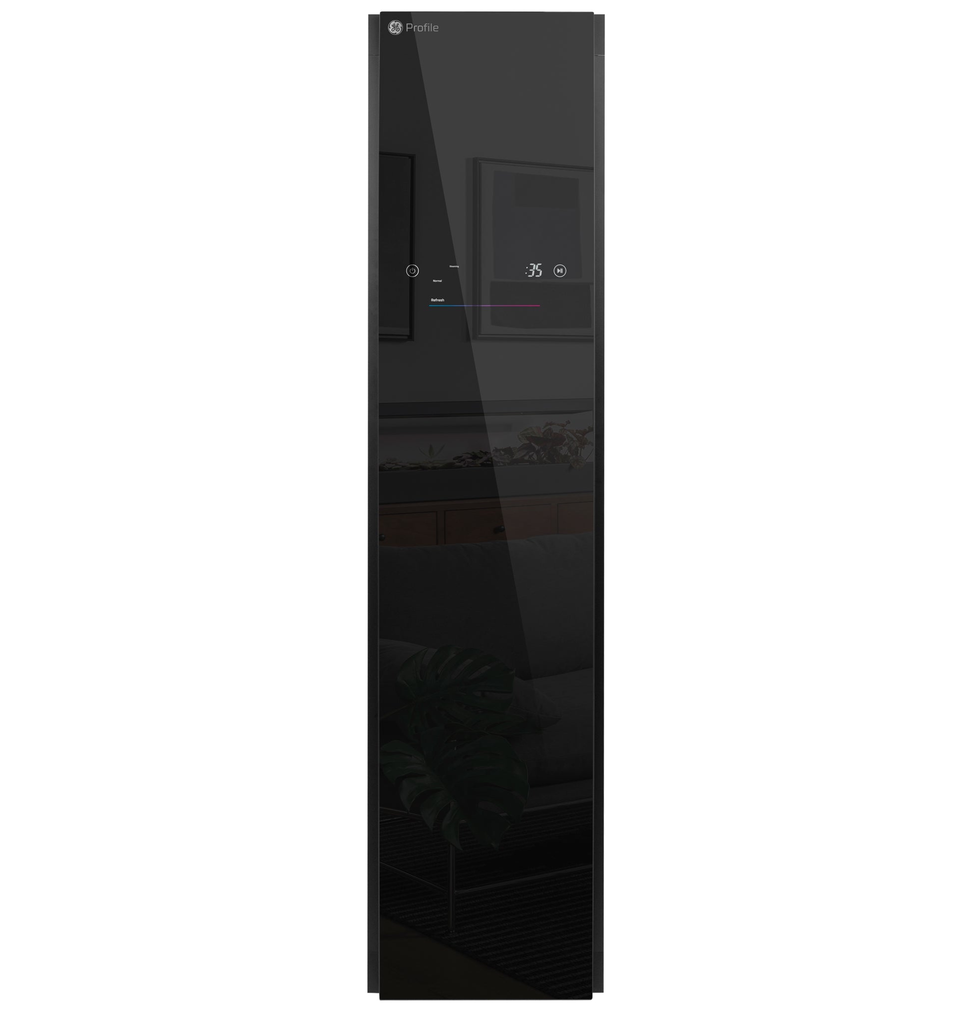 Tall black steam closet with digital controls and sleek reflective door from appliance laundry centers collection