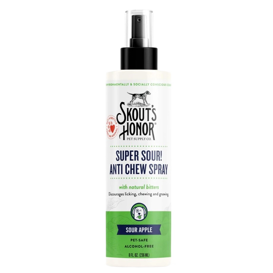 White and green spray bottle of pet-safe anti chew spray with bitter apple scent for dogs and cats behavior training