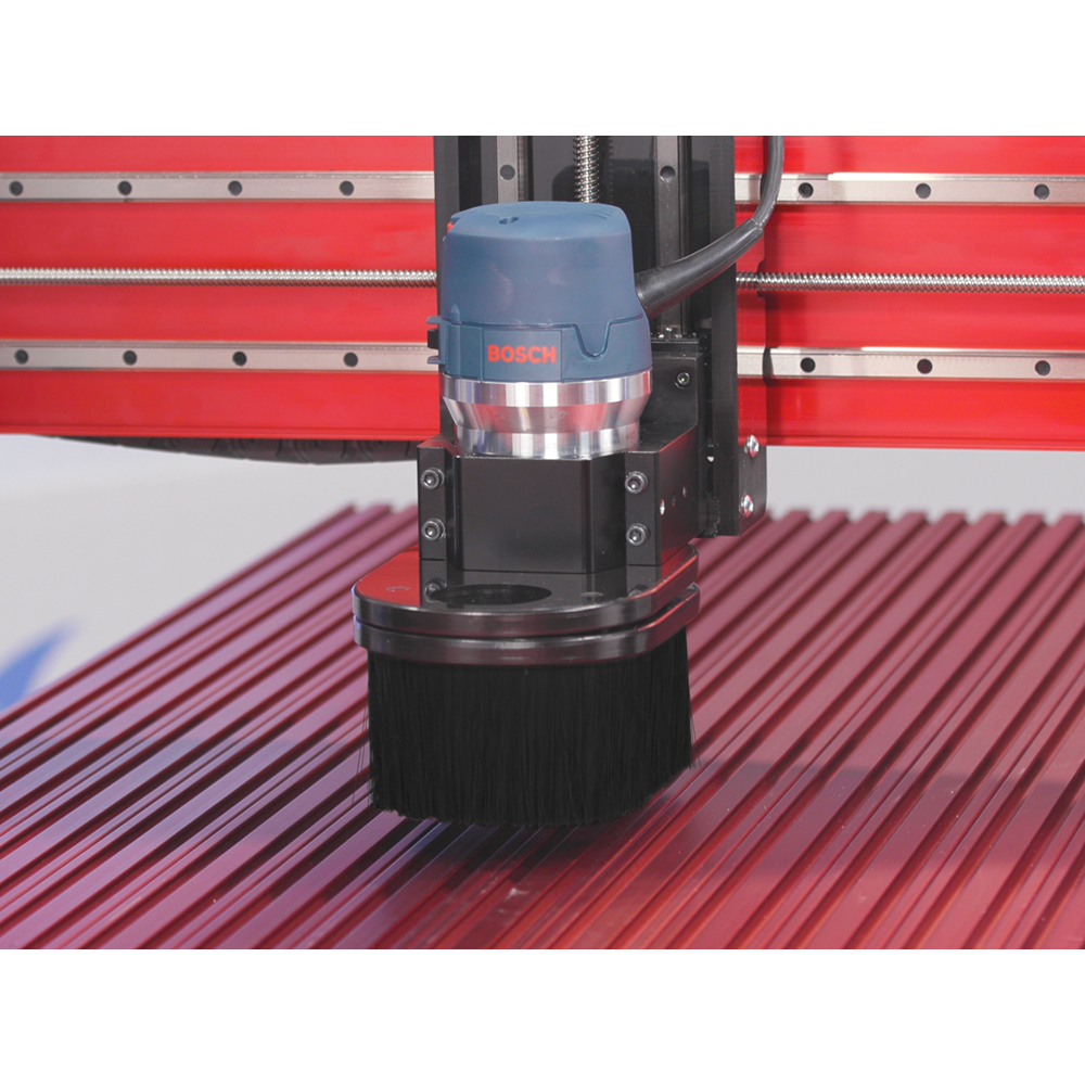 CNC router spindle with attached dust boot featuring dense black bristles for dust control in woodworking projects