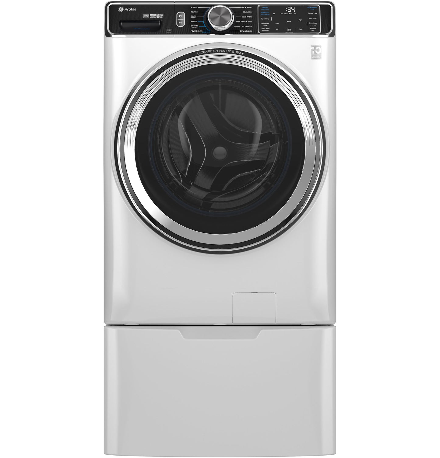 Smart front load washer in white with digital controls and large round door in modern appliance setting