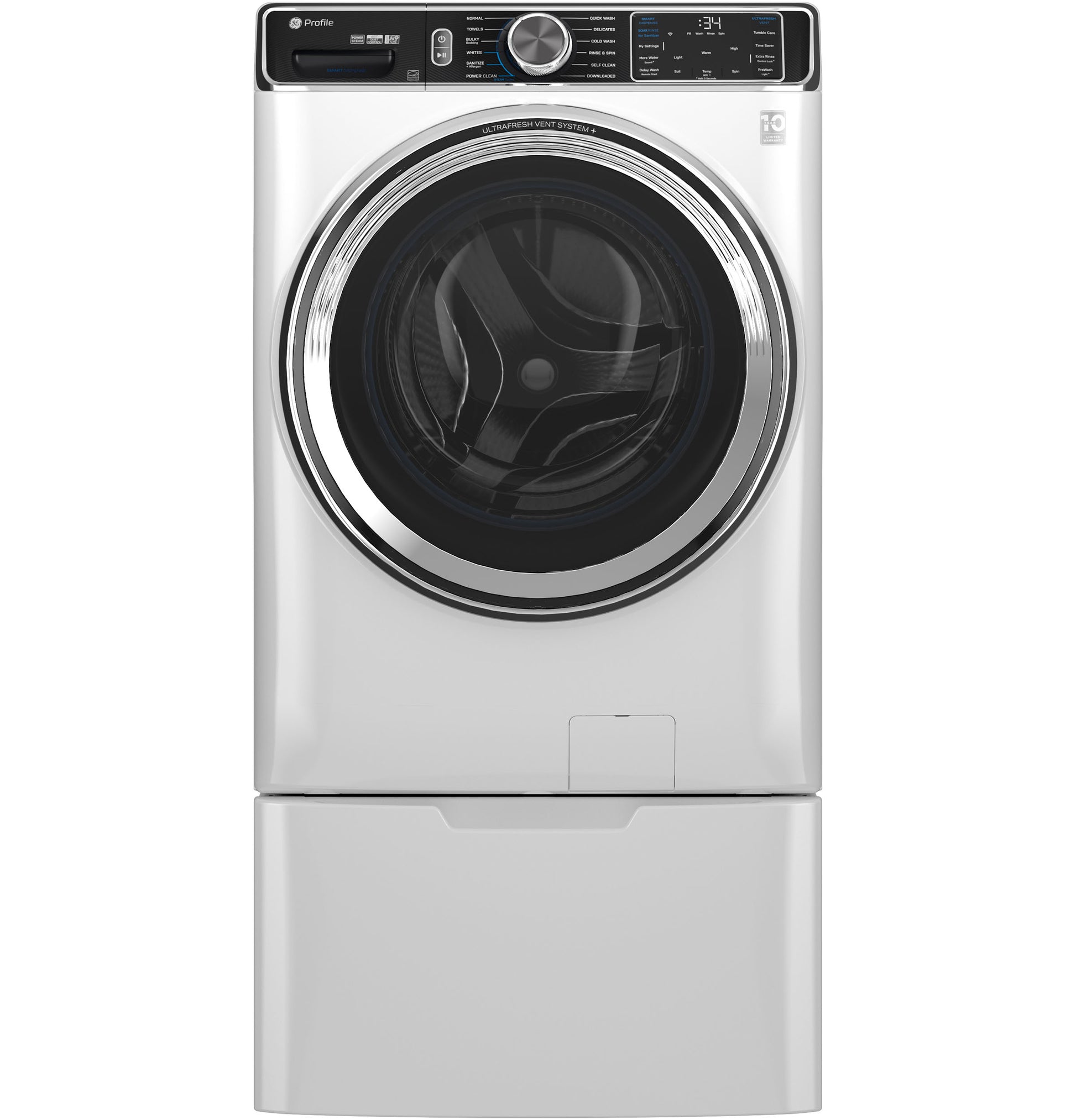Smart front load washer in white with digital controls and large round door in modern appliance setting