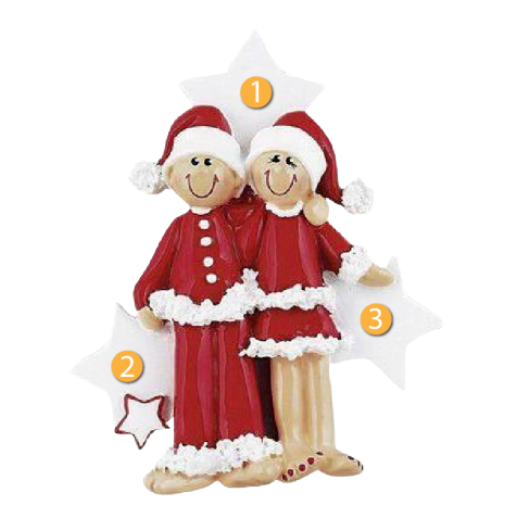 Festive couple figurine in matching Santa pajamas and hats among star decorations for Christmas tree décor under $50