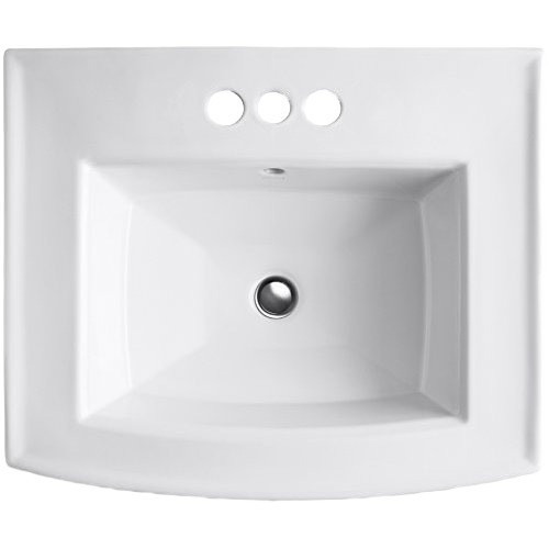 White Kohler bathroom sink basin with three faucet holes and a square-shaped bowl design for home improvement