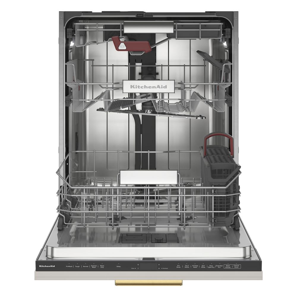 Open panel-ready dishwasher interior showing multiple adjustable racks and utensils basket in kitchen appliances collection