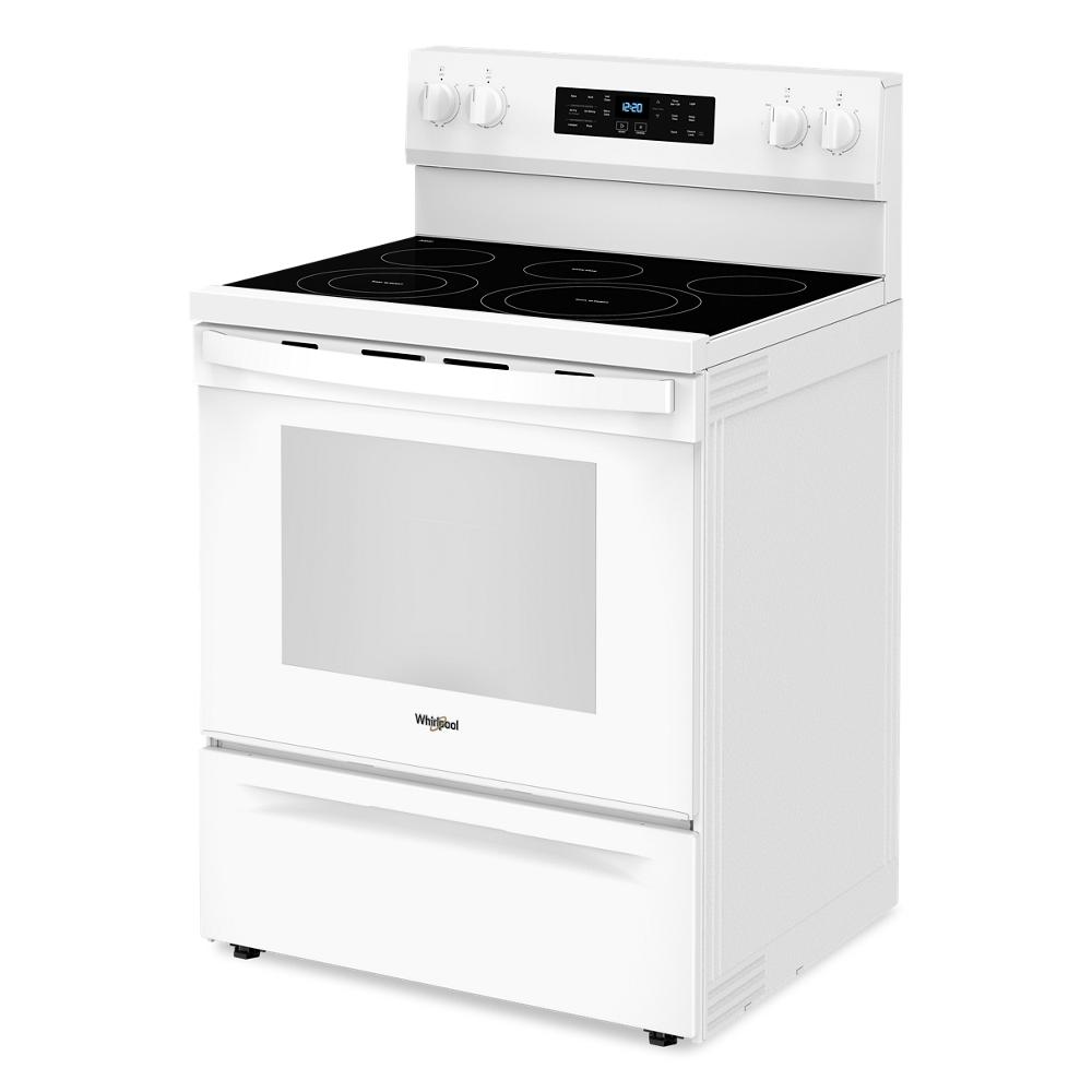 White 30-inch electric range with smooth glass cooktop, digital display, and bottom storage drawer in kitchen appliances collection