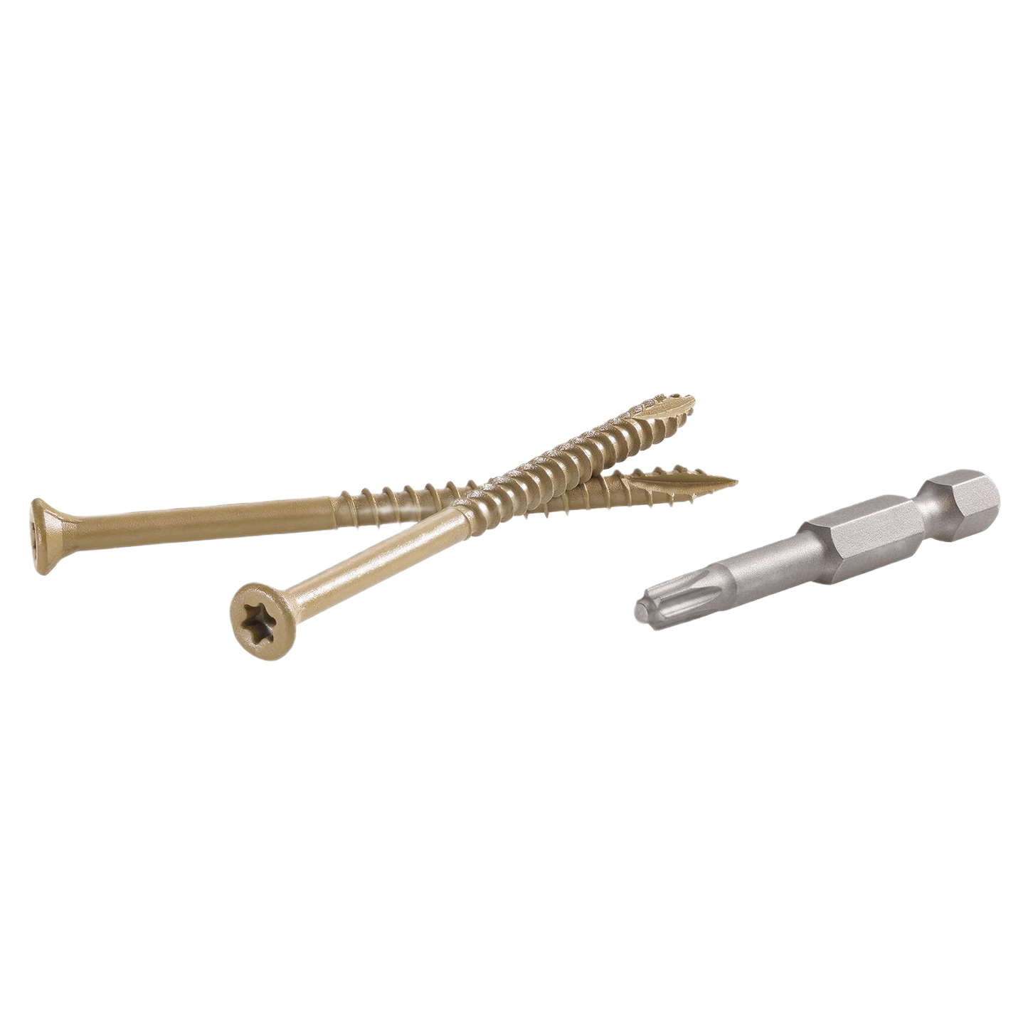 Two gold exterior wood screws with a silver TORX ttap drive bit for deck accessories and home improvement projects