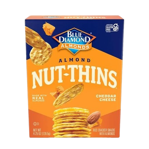 Box of Blue Diamond Almond Nut Thins cheddar cheese rice crackers with almonds in Chips & Snacks collection under $25