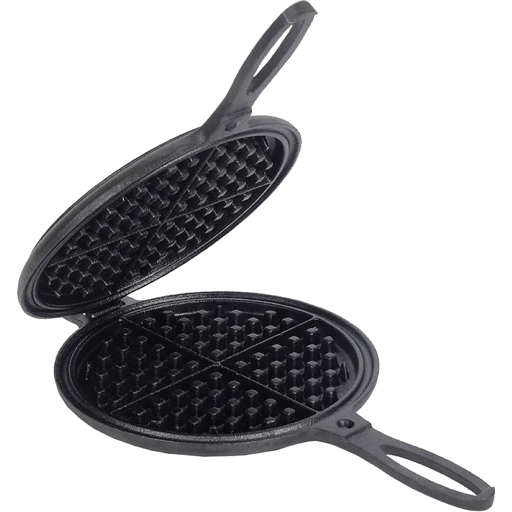 Open cast iron stovetop waffle maker with textured cooking surface and long handles for easy flipping