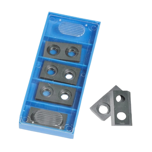 Set of four rectangular black replacement planer blades with mounting holes in blue plastic case for woodworking tools collection