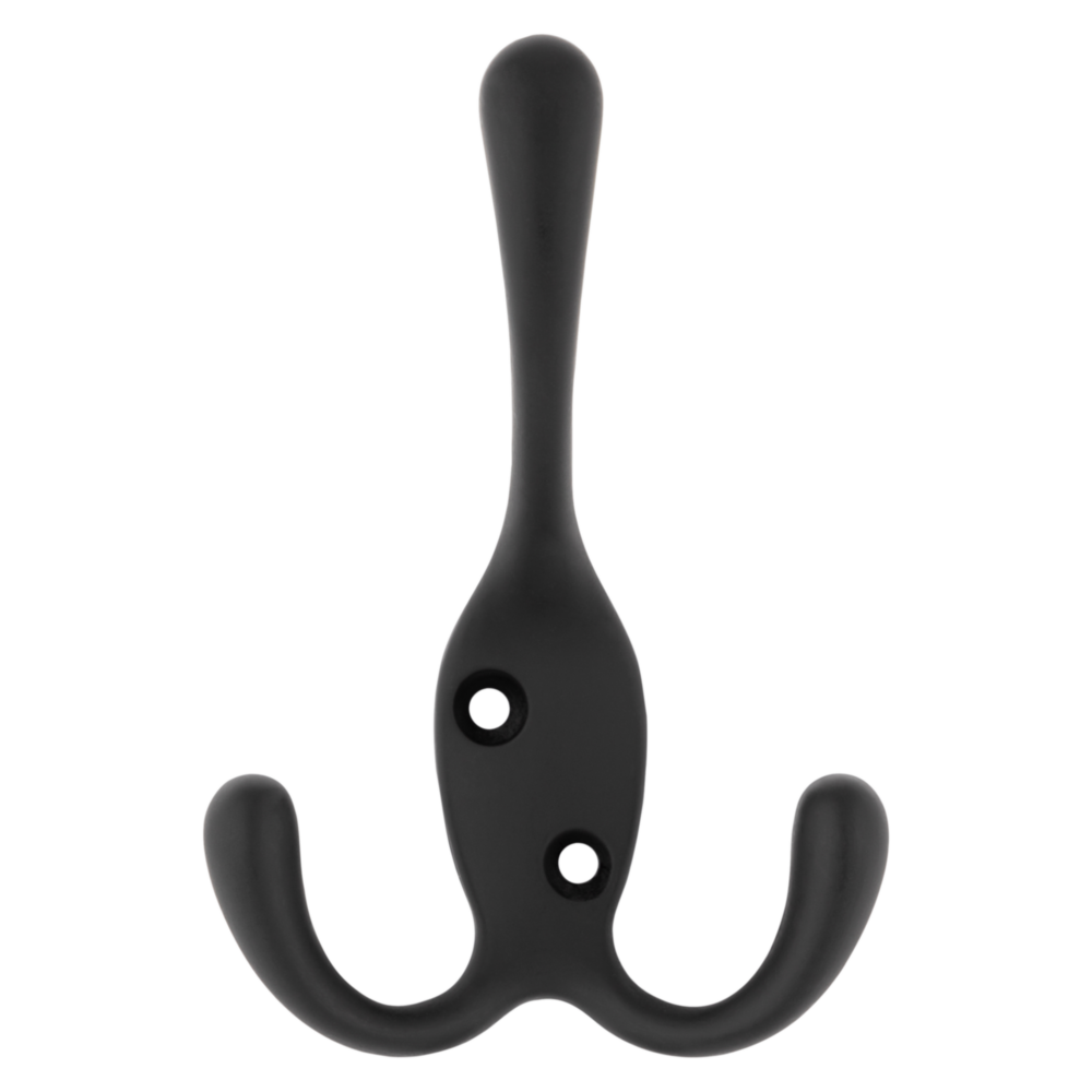 Matte black triple robe hook with smooth finish for closet accessories, storage organization, and home improvement tasks