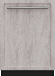 Built-in 24-inch dishwasher front with light wood custom panel and stainless steel handle in modern kitchen setting