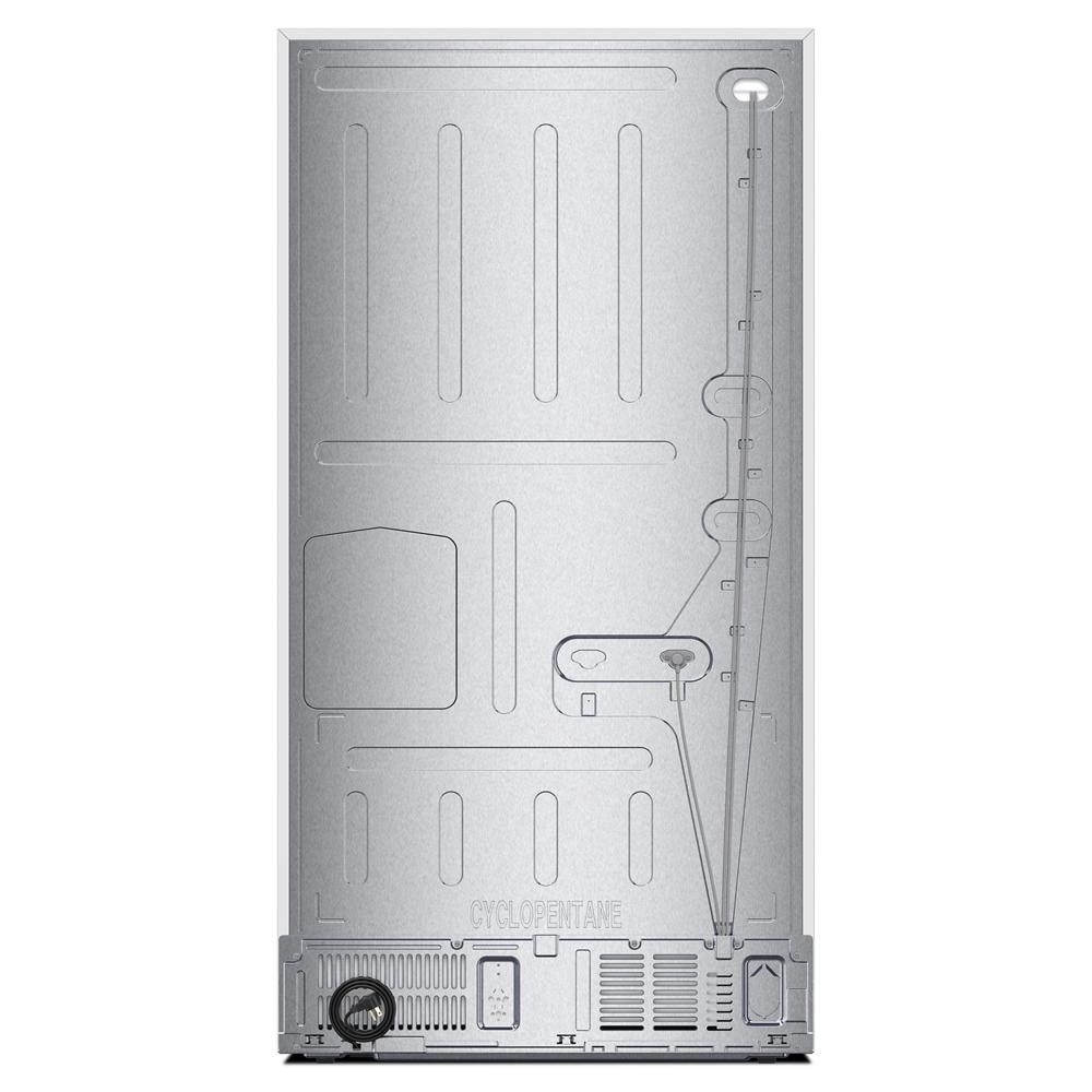 Back view of stainless steel French door refrigerator showcasing venting and utility connections in appliance collections