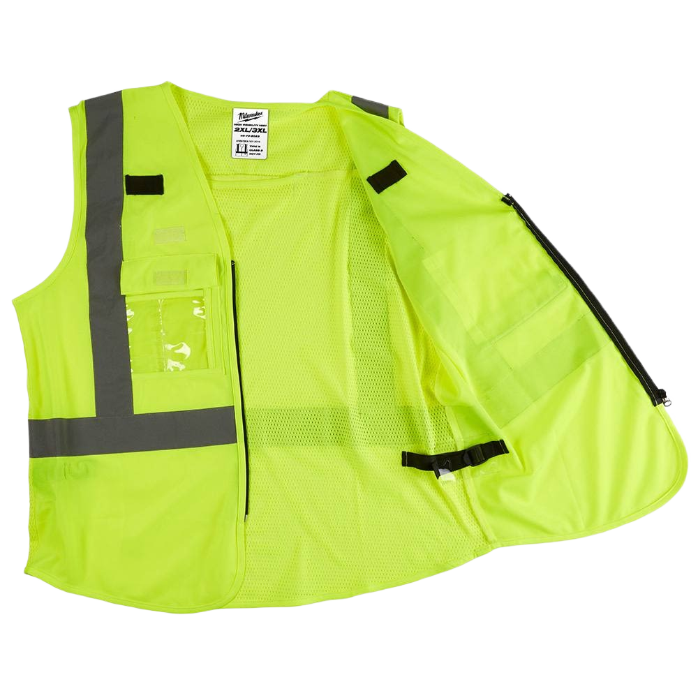 Bright yellow safety vest with reflective strips and clear ID pouch for visibility in tools and home improvement tasks