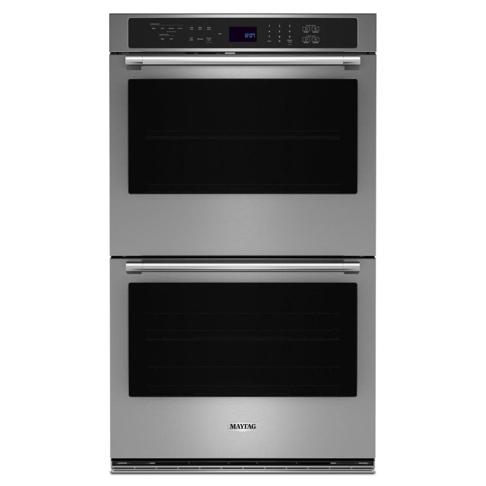 stainless steel 30-inch double wall oven with digital controls and air fry feature for kitchen and home improvement