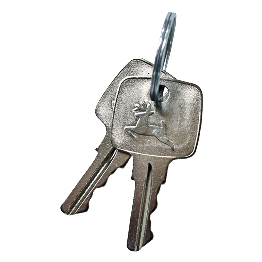 Pair of metal ignition keys featuring embossed leaping deer logo for automotive and mechanic tool accessories