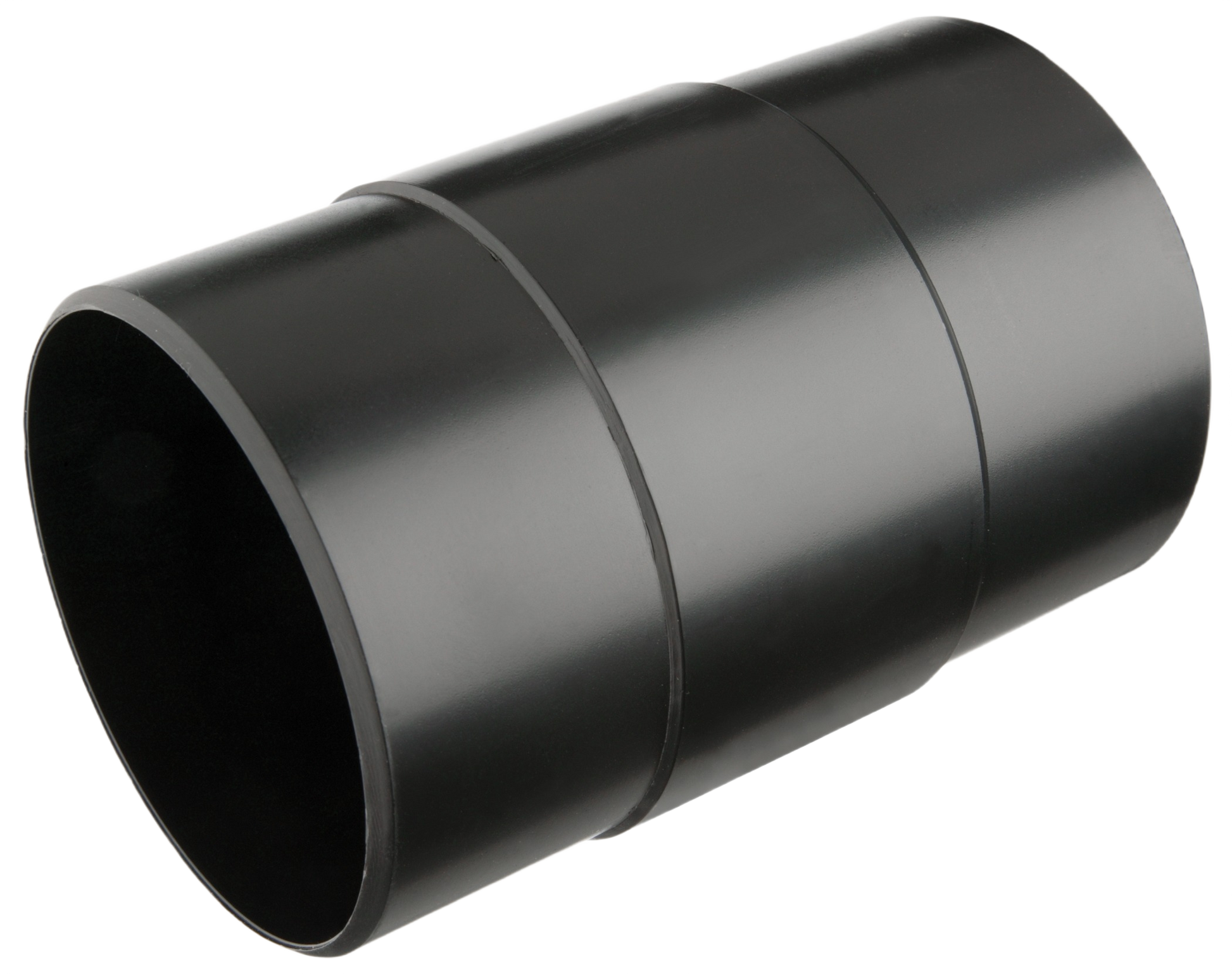 Black plastic 4-inch splice connector for dust collection hoses in woodworking tools and home improvement tasks