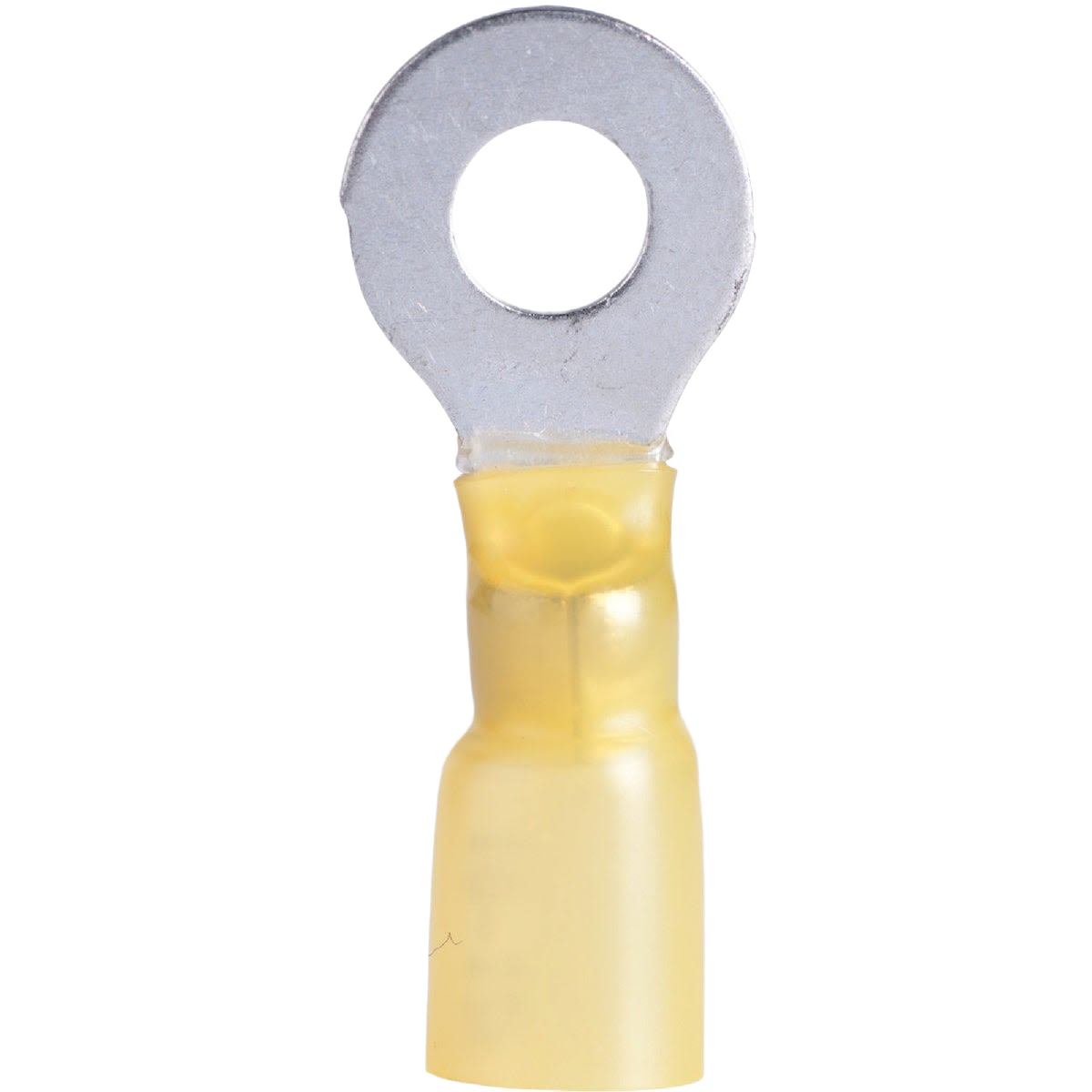 Yellow insulated ring terminal for 12 to 10 AWG wires, designed for secure electrical connections in home improvement tools.