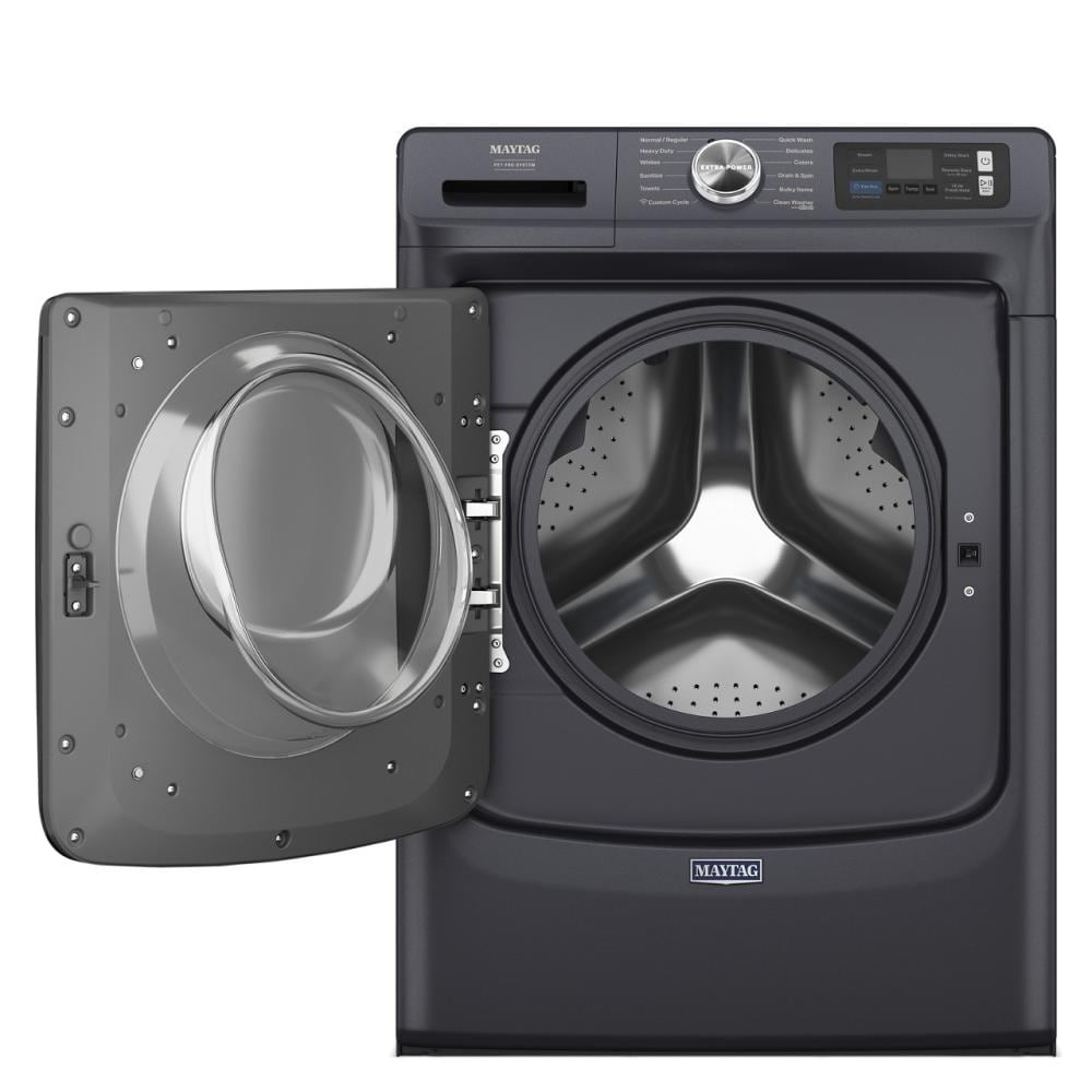 Front load washer in dark gray with open door showing stainless steel drum and digital control panel on top
