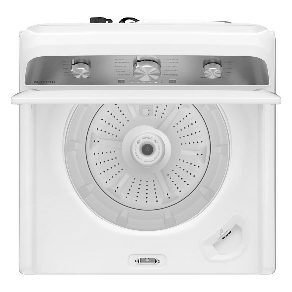Top load washer in white with silver control panel and three knobs, part of washers and appliances collection