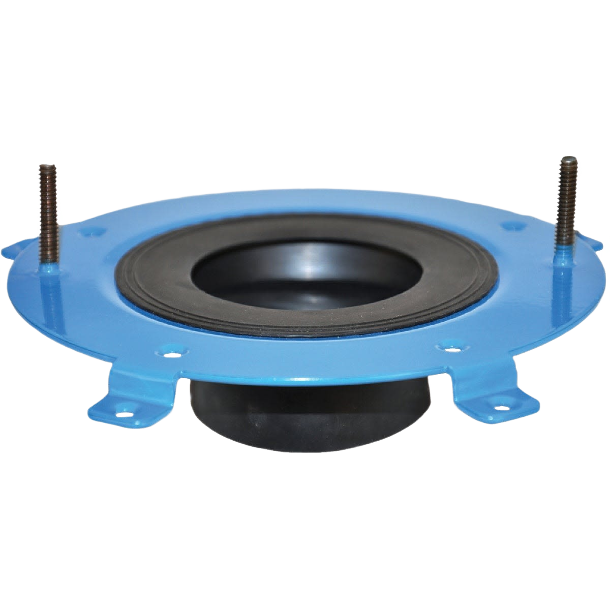 Blue metal toilet flange with rubber gasket and mounted bolts for plumbing repair and toilet parts replacement.