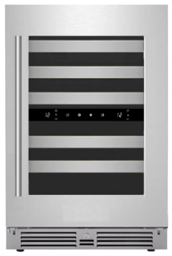 Front view of a stainless steel 24-inch dual zone wine cooler with glass door and digital control panel, featured in Refrigerators, Beverage Centers, Kitchen & Kitchenware, and Appliances at Hartville Hardware.