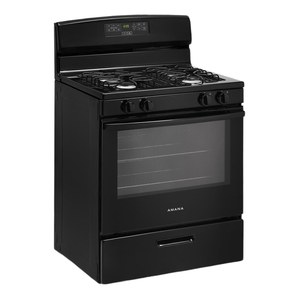 Black freestanding gas range with five burners, digital control panel, oven window, and storage drawer in Ranges & Cooktops collection
