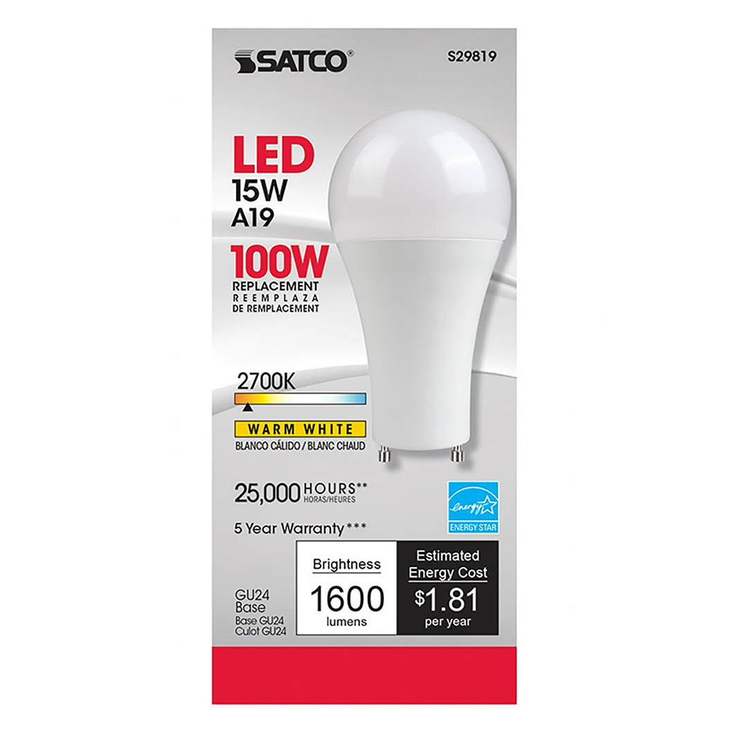 Packaging for Satco 15 watt LED bulb with GU24 base, warm white 2700K light, and energy-saving features