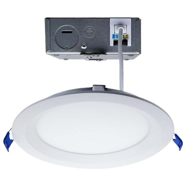 Round white LED recessed downlight with metal junction box and wiring for residential and commercial lighting projects