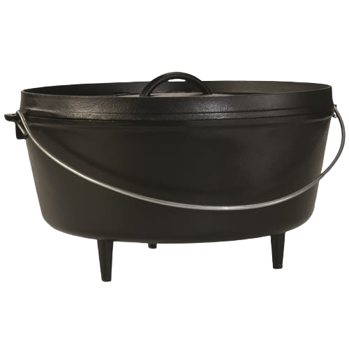 Oval black cast iron camp Dutch oven with three legs, flanged lid, and carrying handle in Kitchenware under $100 collection