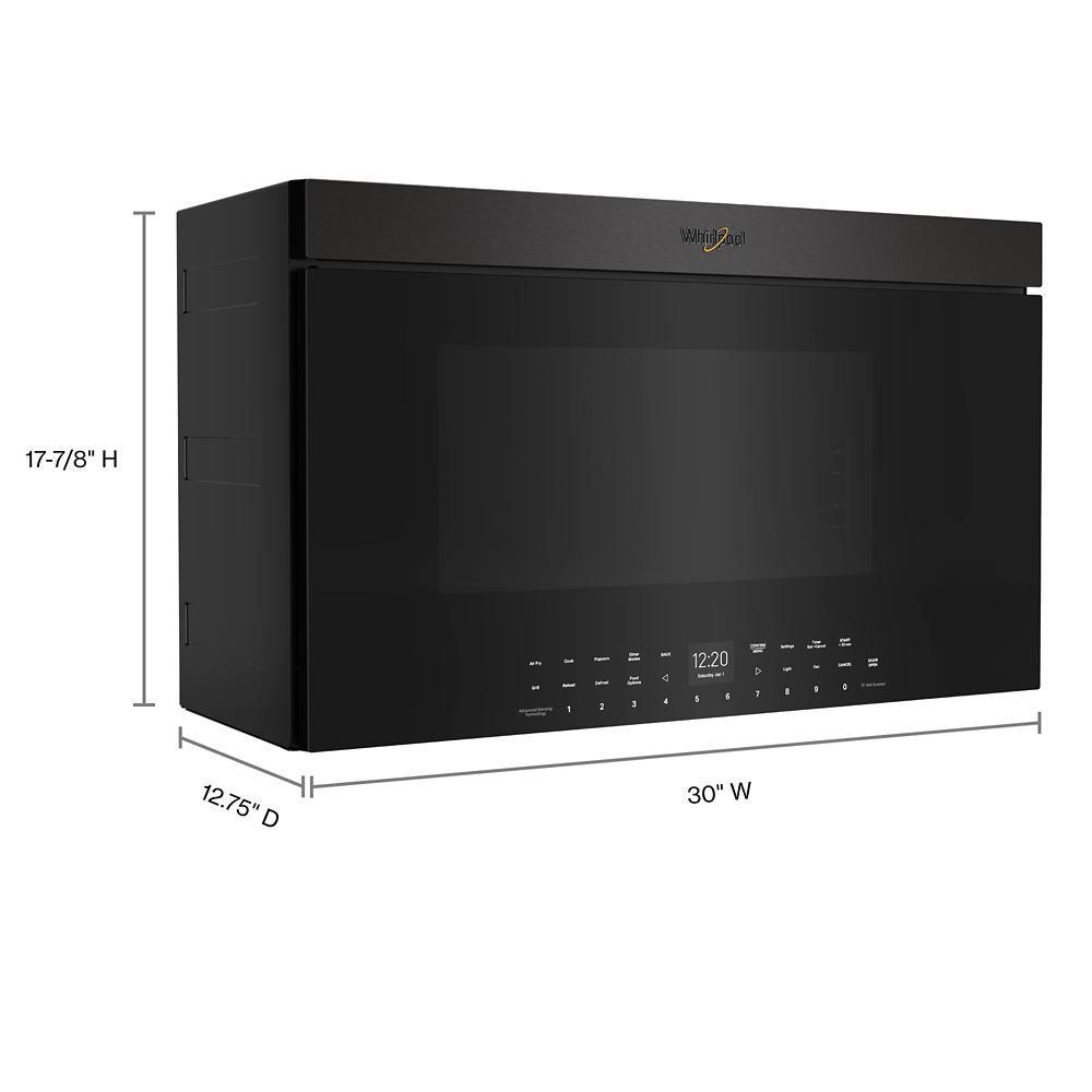 Black over-the-range microwave with digital touch controls and advanced cooking technology in modern kitchen appliance style