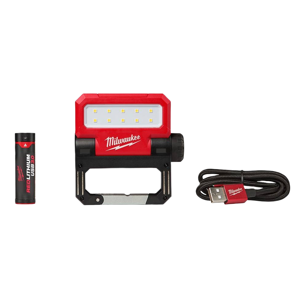 Compact red and black pivoting flood light with USB charging cable and rechargeable battery for home improvement tasks