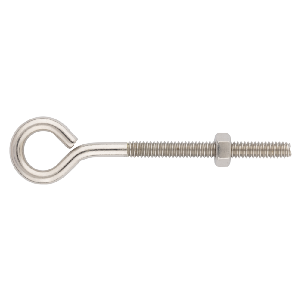 Stainless steel eye bolt with threaded shaft and assembled hex nut for secure fastening in hardware and home improvement tools under $50