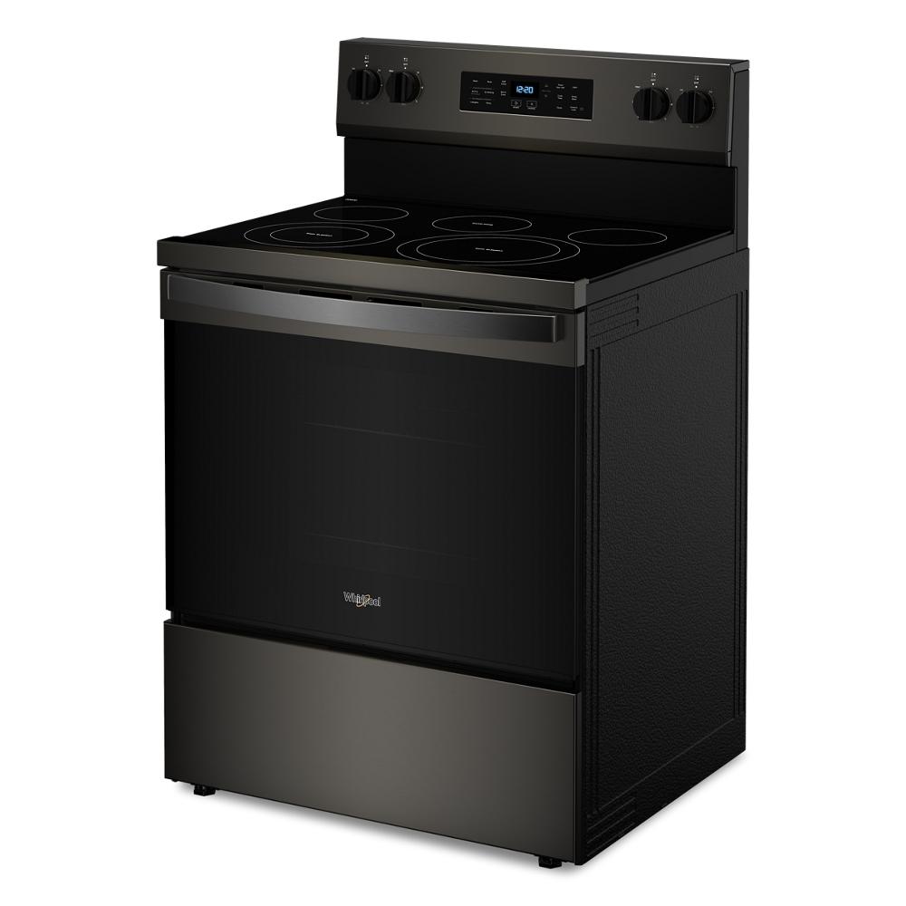 30-inch black electric range with smooth cooktop featuring four burners, digital control panel, and stainless steel handle, part of Ranges and Kitchen & Kitchenware collections.