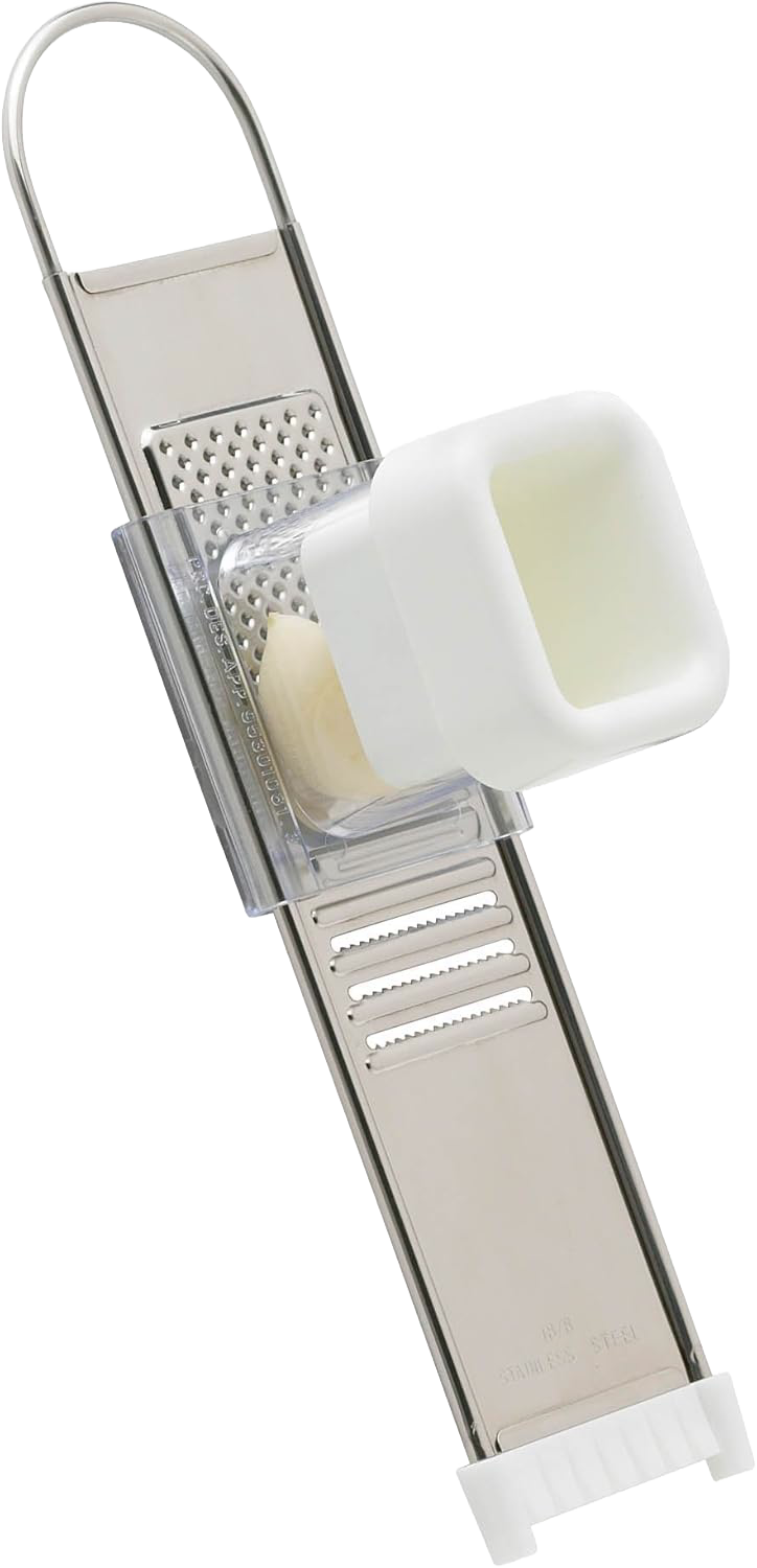 Stainless steel garlic slicer and grater with white plastic guard, ideal for kitchen utensils and cooking tools under $50 collections