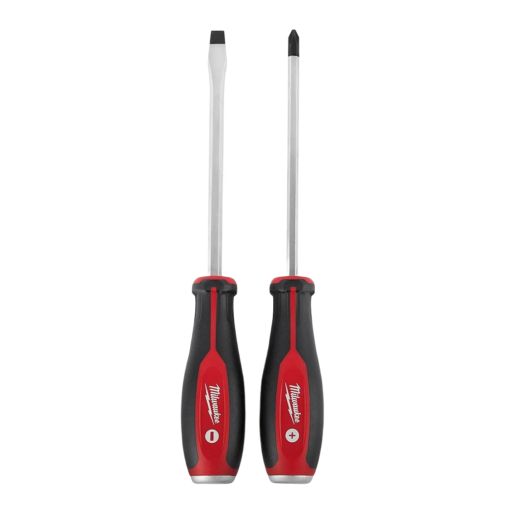Set of two demolition screwdrivers with red and black handles for home improvement and repair tasks