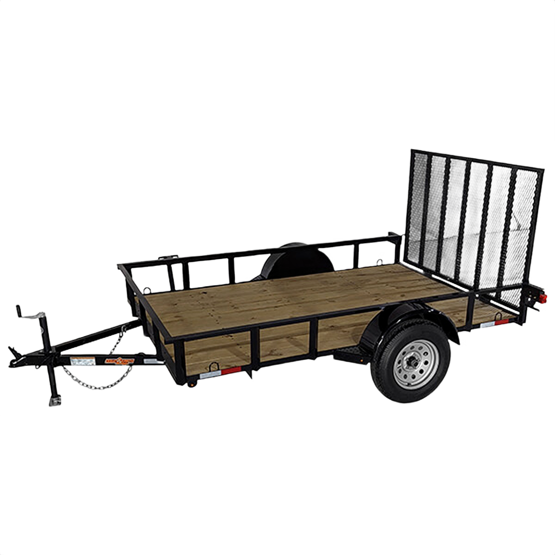 Utility trailer with wooden deck and mesh ramp gate, featuring steel frame and single axle for hauling tasks