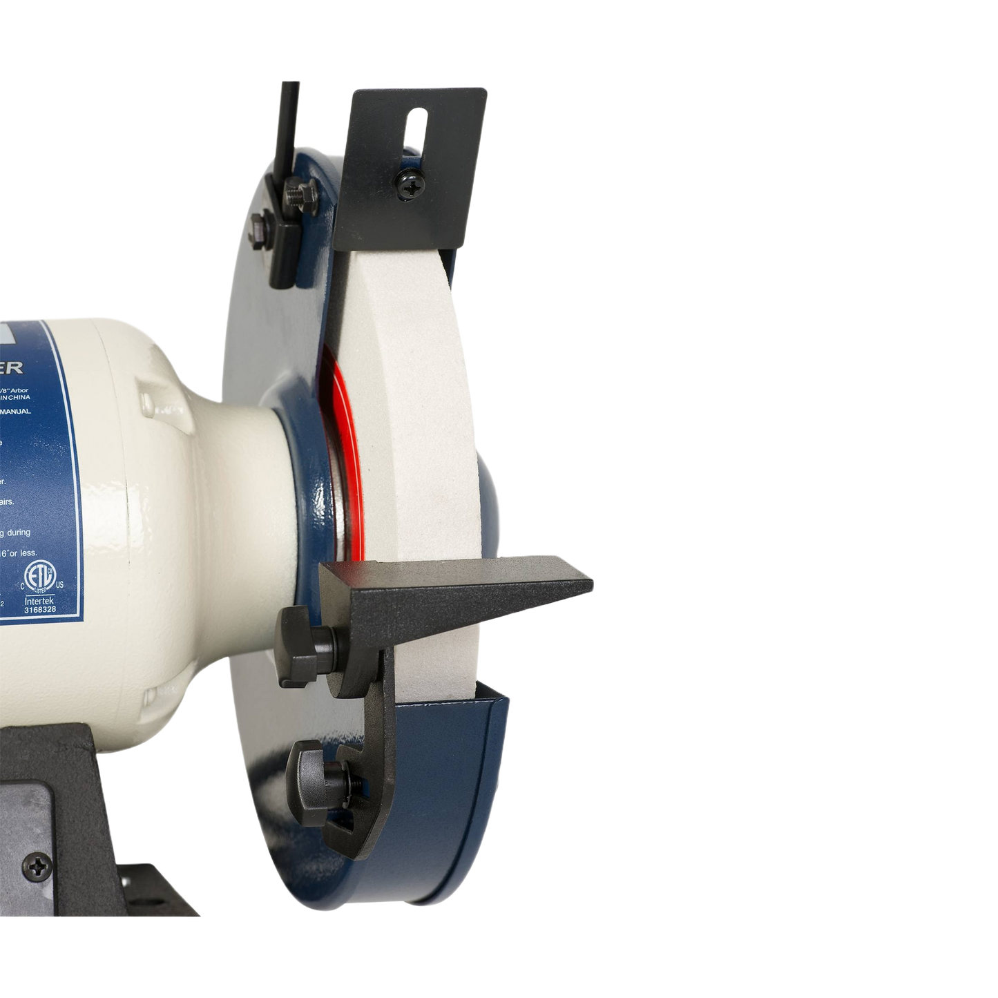 Low speed bench grinder with adjustable tool rest and protective guard for home improvement and workshop use