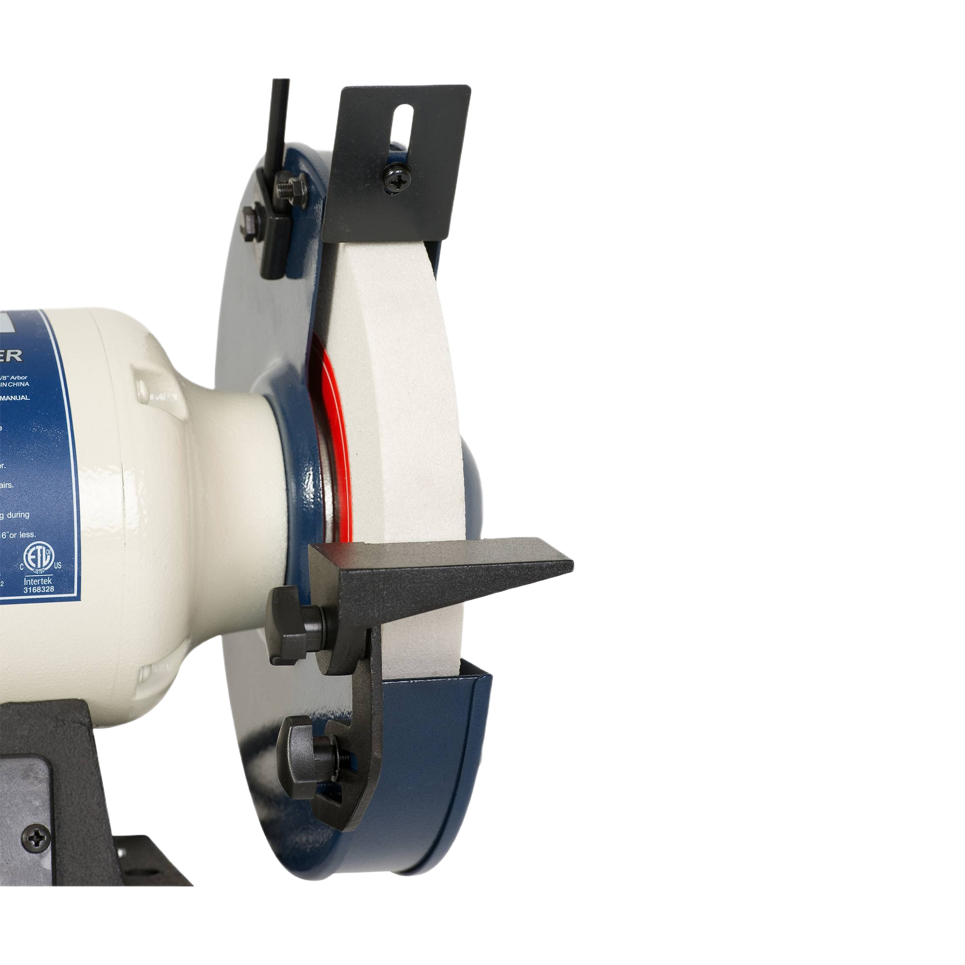 Low speed bench grinder with adjustable tool rest and protective guard for home improvement and workshop use