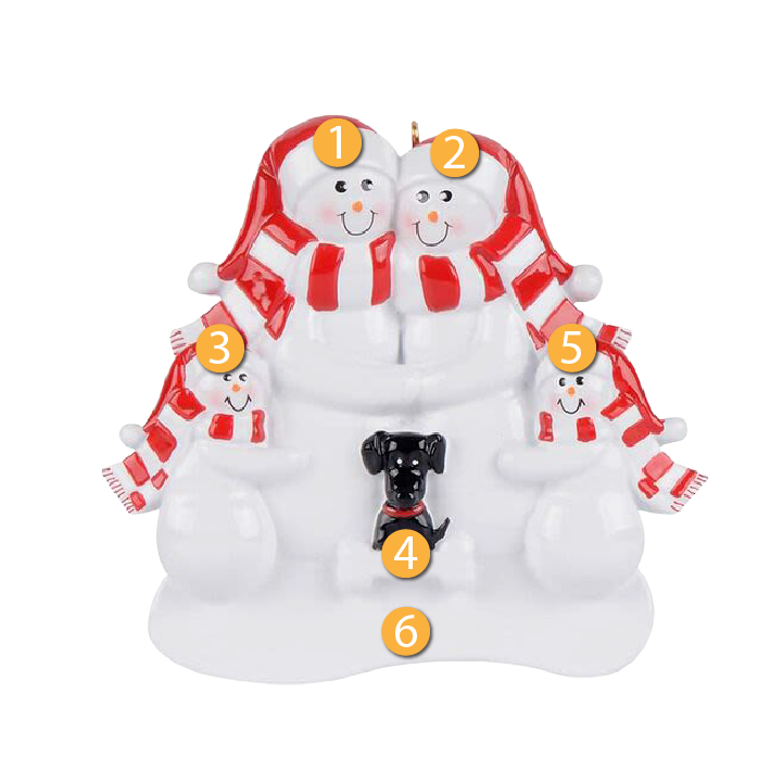 Snow family of four wearing red scarves with a black dog, festive Christmas ornament under $50