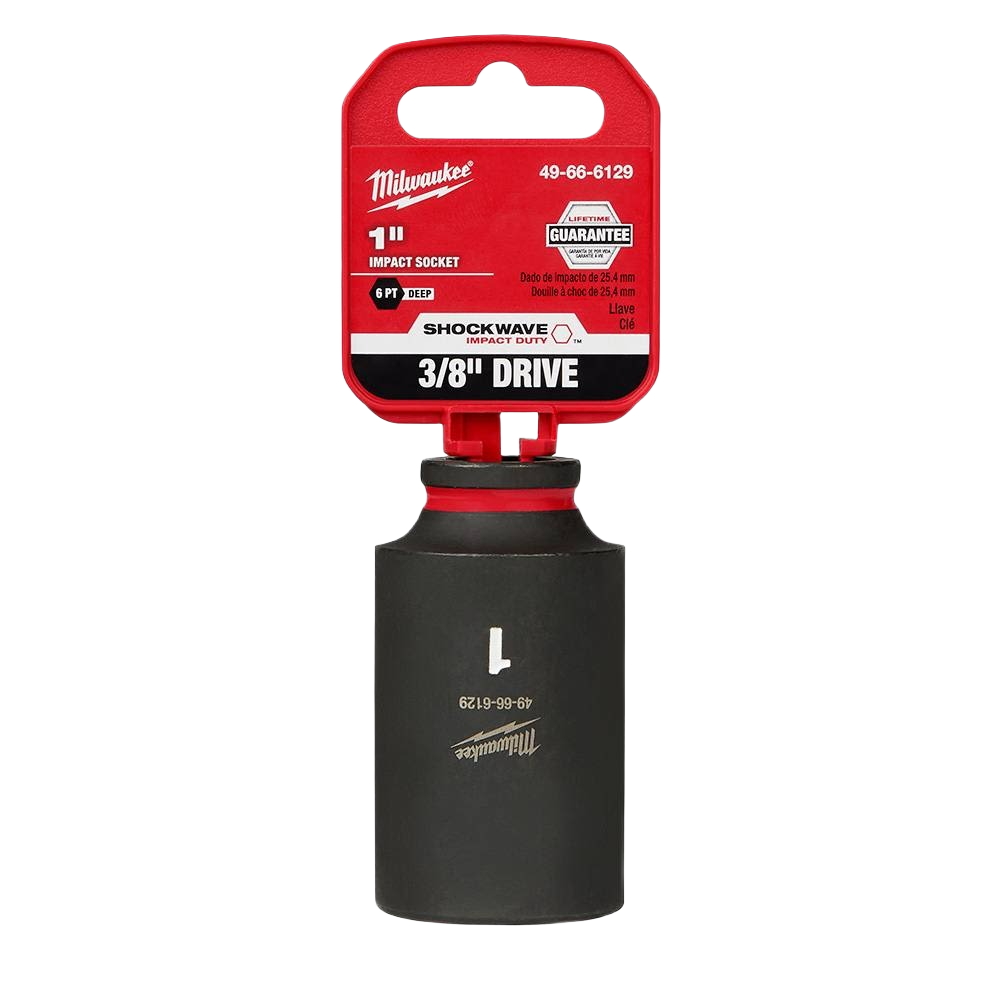 Black deep 1 inch 6 point impact socket with 3/8 inch drive for hand tools and woodworking use