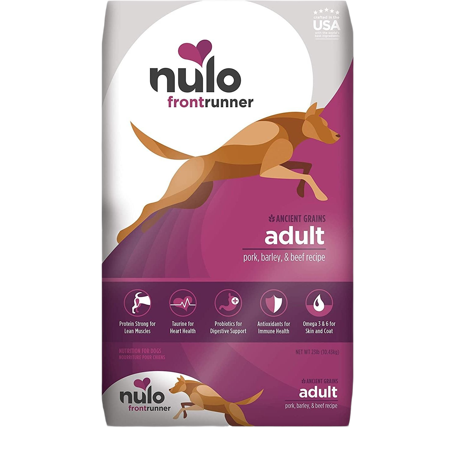 Bag of Nulo Frontrunner adult dog food with pork, barley, and beef recipe in pet food and supplies collections