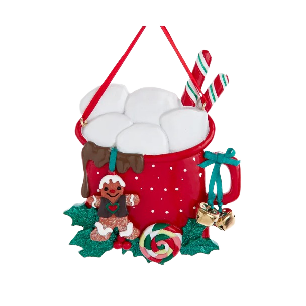 Red festive mug ornament with marshmallows, candy canes, gingerbread figure, and holiday decorations for Christmas tree decor