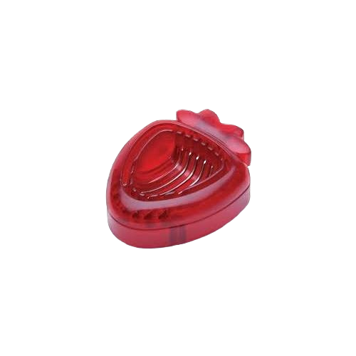 Red plastic strawberry-shaped slicer with seven stainless steel blades for even fruit slices in kitchenware collections under $25